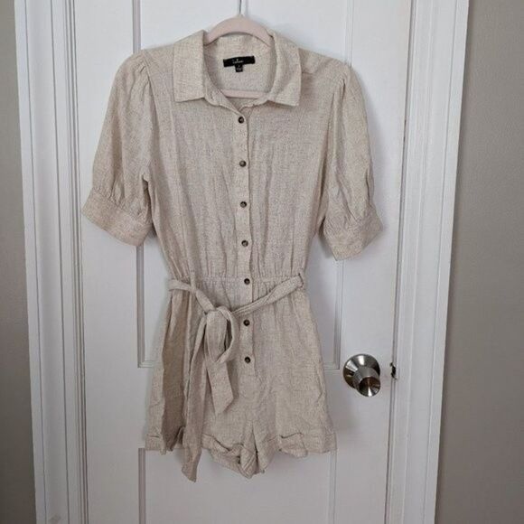 Lulus | Natural Linen Blend Button Front Romper Size Small - Picture 1 of 8